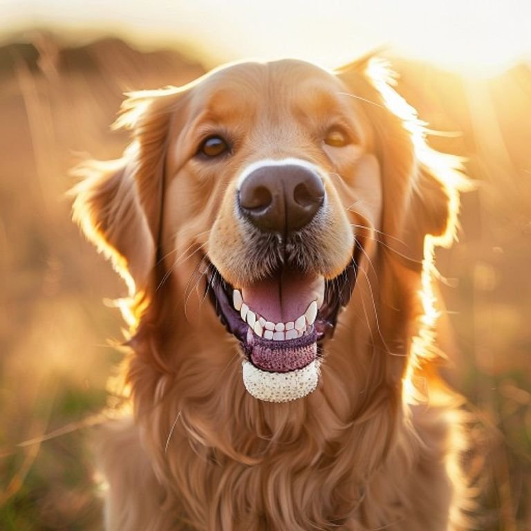 A happy golden retriever with bright white teeth holding a dental chew toy in warm natural sunlight