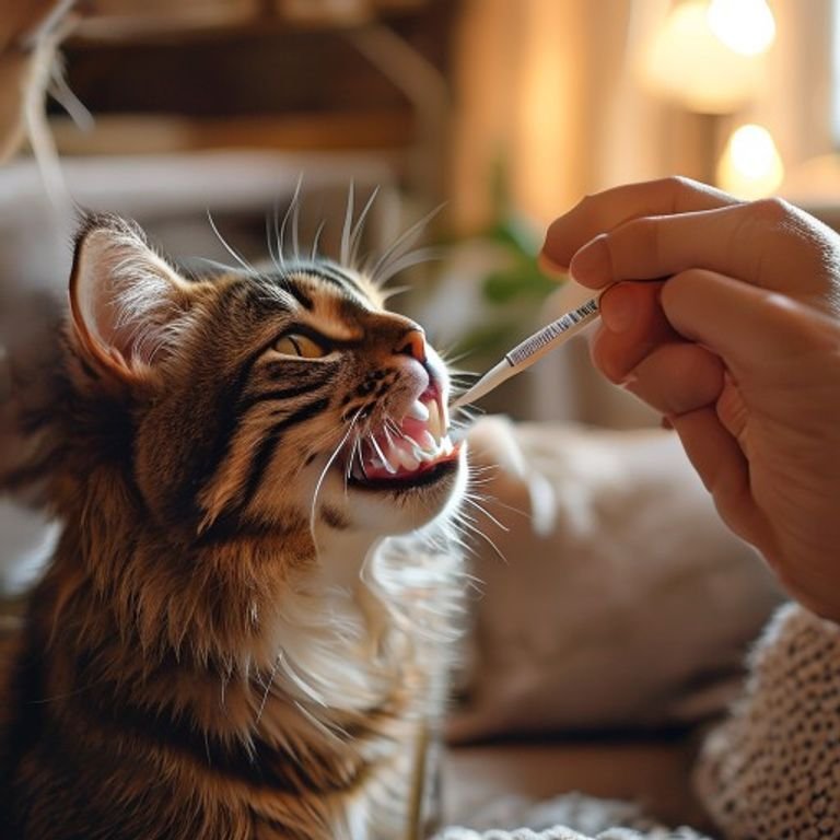 A pet owner gently brushing their cat's teeth with a soft toothbrush in a cozy living room