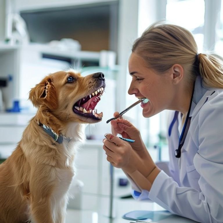 A veterinarian examining a small dog's teeth with a dental mirror in a modern, bright veterinary clinic